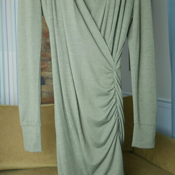 V Neck Long Sleeve Faux Wrap Stretch Knit Khaki Ruchin Dress - Picture 6 of 6